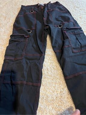 Aphrodite Black Cargo Pants with Red Contrast Stitching
